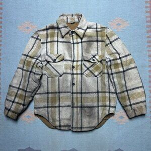 Vintage 60s wool button shirt CPO anchor buttons distressed plaid fleece lined L